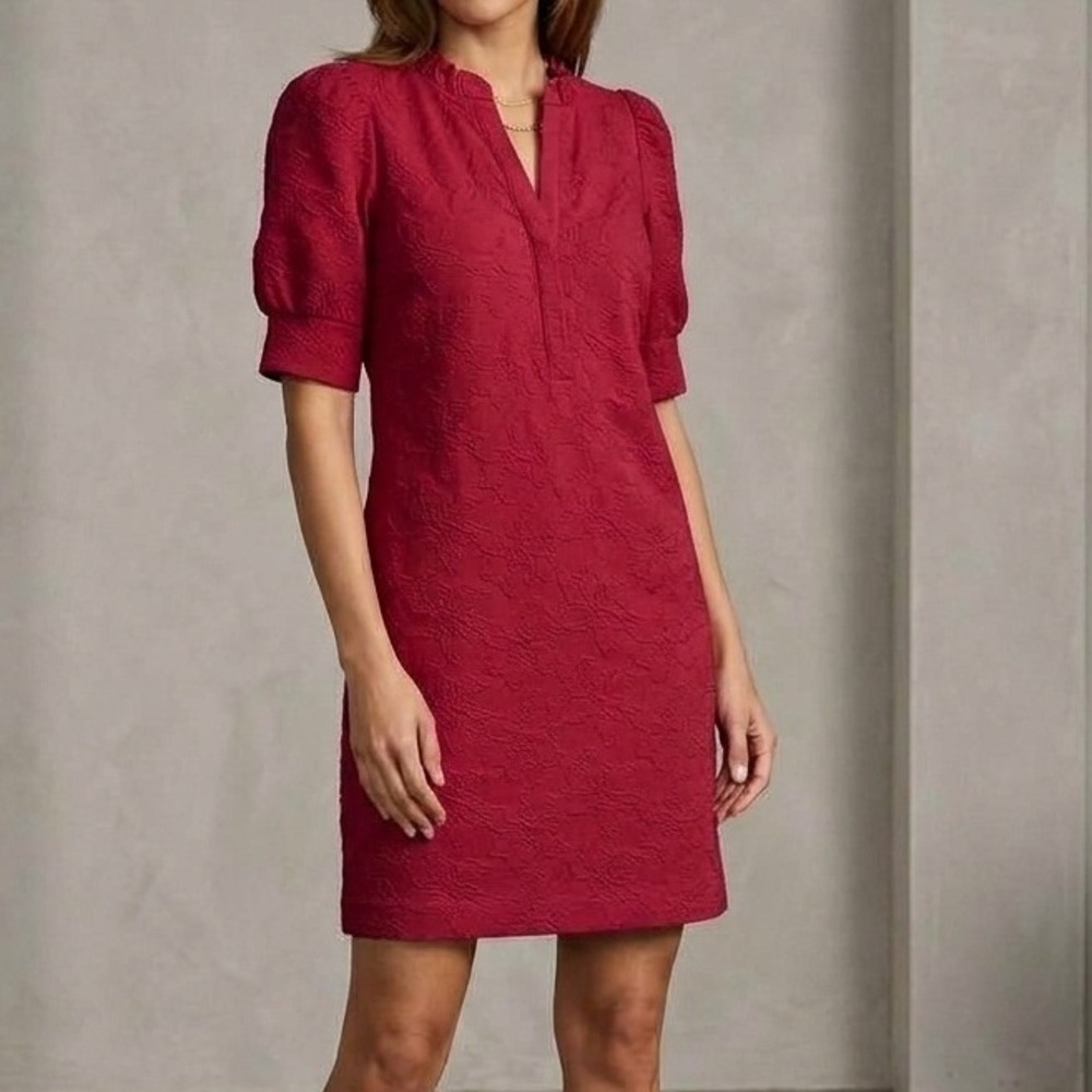 Lilly Pulitzer Elsey Dress Women XL Red Textured Jacquard Ruffle Split Neck